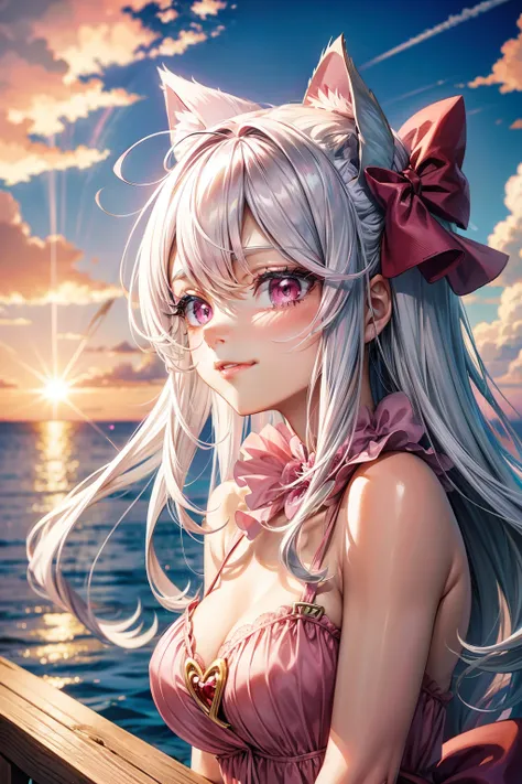 Silver hair, pink eyes, woman, sun and cloud background, pink red gold clothes, hair bows, happy face, mermaid outfit, sexy, cat ears, medium 