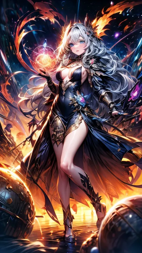 8K resolution, masterpiece, Highest quality, Award-winning works, unrealistic, From above, erotic, Only sexy women, healthy shaped body, 22 years old, Black Mage, Height: 165cm, huge firm bouncing busts,, Silvery long wavy hair, Detailed facial depiction, ...