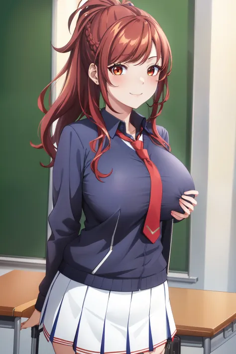 best quality, ((masterpiece)), highly detailed, school, classroom, 1girl, Kazama Kaede, looking at the viewer, smile, closed mouth, red eyes, red hair, long hair, ponytail, braid, bangs, (blue necktie:1.2), collared shirt, ((big breast)), black sweater, wh...