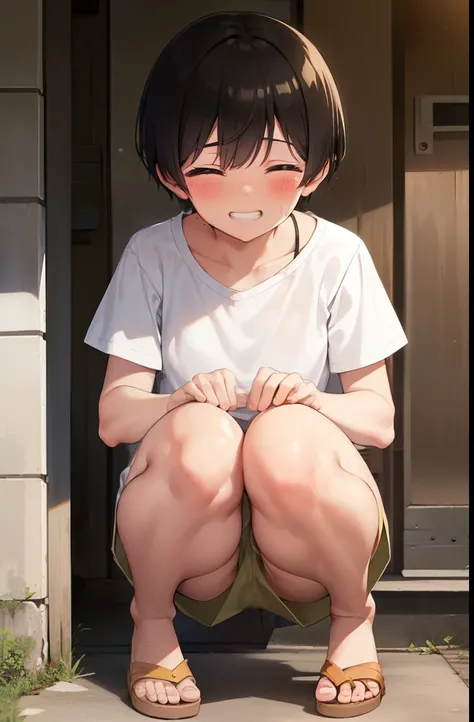 Residential Street,smile,Squat,close your eyes,1 ,short hair,Black Hair,blush,White T-shirt,Olive green shorts,Brown Sandals,White skin,summer,From below,Open your hands,shy,Sweat,Grin,