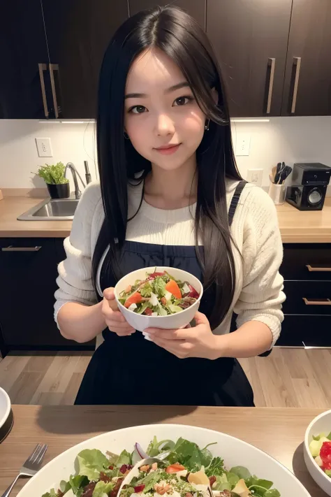 1 girl eating full body salad with a maximum of 600 px height, glowing face and skin 