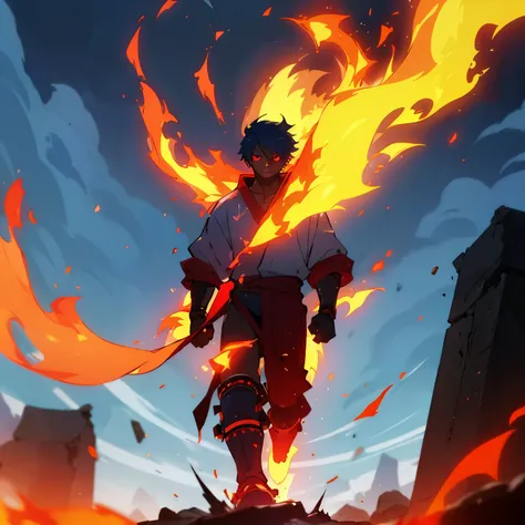 An injured 15-year-old man with dark skin and short messy blue hair, red eyes and battle gear walking forward with an aura of fire