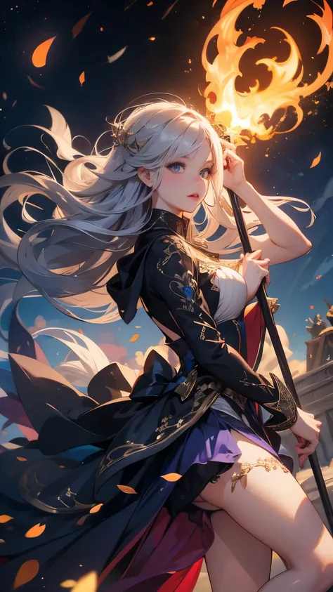 8K resolution, masterpiece, Highest quality, Award-winning works, unrealistic, From above, erotic, Only sexy women, healthy shaped body, 22 years old, Black Mage, Height: 165cm, huge firm bouncing busts,, Silvery long wavy hair, Detailed facial depiction, ...