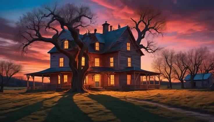 An eerie, surreal farmhouse at twilight with exaggerated shadows and twisted trees. Hyper realistic photo, vibrant colors, 16k