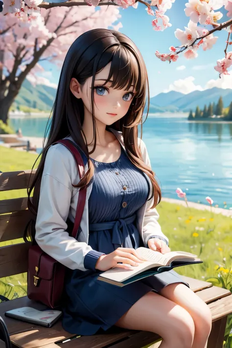 Reading a book by the lake, shiny colors, spring time, willow branches, Comfort, warm sunlight