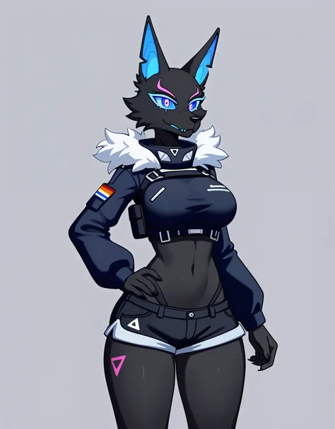 Anthro, furry female, blue inner ear, black fur, black body, blue sclera, wearing black military top, black short shorts, tall and curvy, grinning, simple white background, flat colors, 