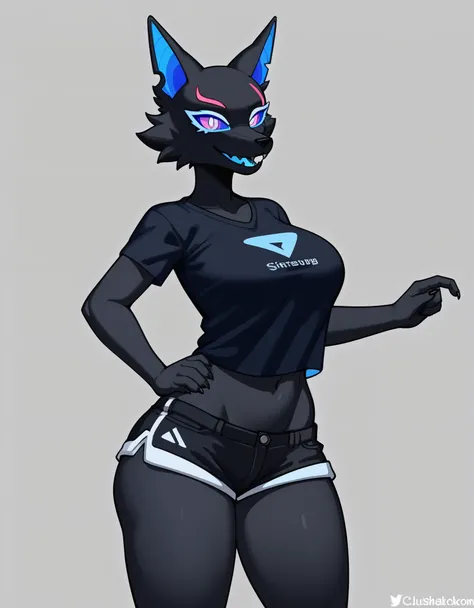 Anthro, furry female, blue inner ear, black fur, black body, blue sclera, wearing black t shirt, black short shorts, tall and curvy, grinning, simple white background, flat colors, 