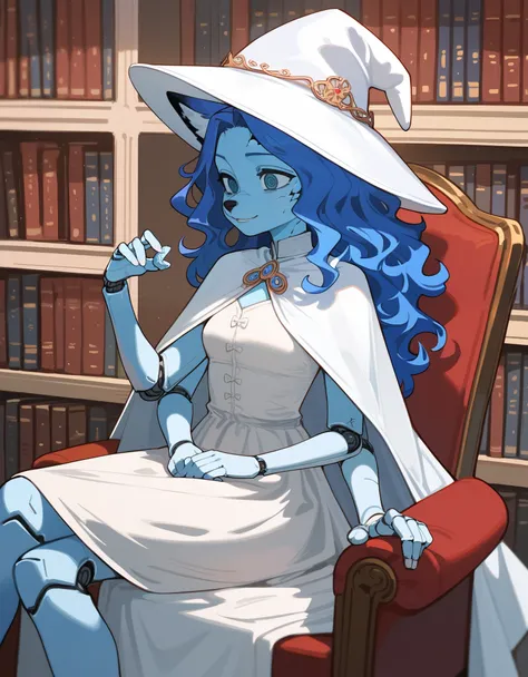 Score_9, score_8_up, score_7_up, masterpiece, best quality, 1girl, solo, an Anthro furry blue fox girl, fox snout, black nose, IncrsXLRanni, wavy hair, cracked skin, colored skin, blue fur, extra arms, four arms, doll joints, white dress, white hat, white ...