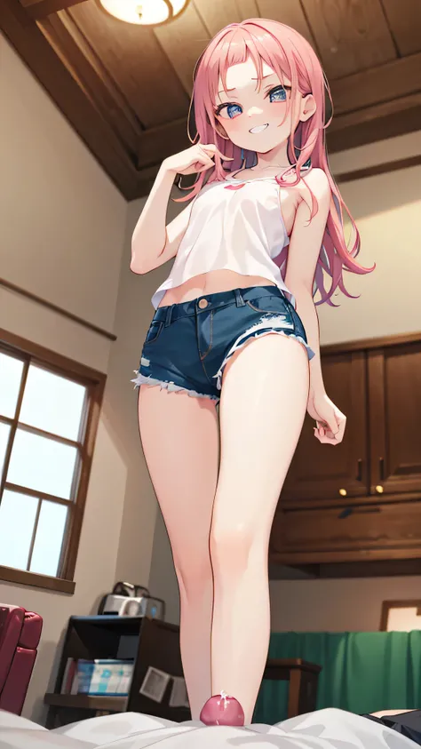 (In the living room)、1girl, (Younger sister kicking)、from the front、Angle from below、(Young face)、(Forehead)、(ポニーテール)、Super long Hair、((seductive grin)), ((high kicking)), 
panties, I have money in my hand、Camisole、Jersey shorts、(1boy), (((penis))), (((eje...