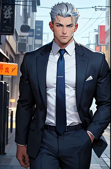 Drawing of a young Chad, Dark blue suit,tie， White shirt，Pants， Looking at the camera, male，Silver short hair，Blue Eyeuscle，bodyguard