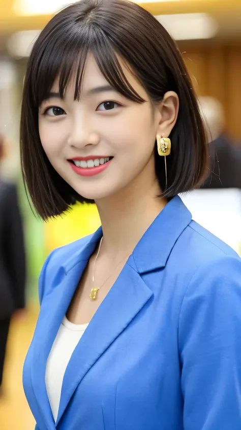 high quality:1.2), RAW Photos, High resolution, Very detailed, Intricate details,、Black Hair、Short Haircut、ear piercing、smile、Emphasis on teeth、, (Front view, ), Clear beauty, Necklace around the neck、,, (High Quality Fabric, Office Lady Suits、Jacket、Unbut...