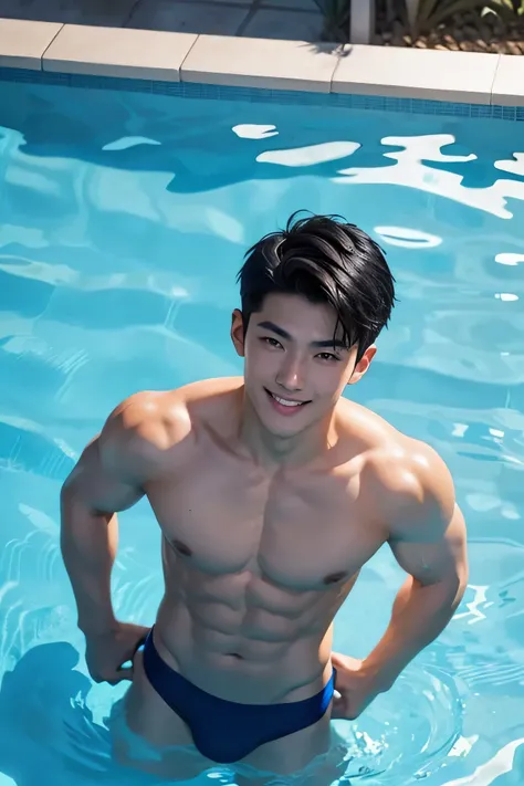 Handsome　Asian Male Model 17 years old　adult　Black Hair　short hair　Short cut　 Beautiful Skin　slim and muscular　 Sky blue very small tight speedo swimwear 　Cerulean blue tight tiny rubber swimwear　　Tight and bulging　　Swimming Pool　　Part of the body is in th...