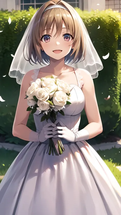 masterpiece, best quality, highres, aakikyo, short hair, hair intakes, white hairband, wedding dress, white dress, white gloves, bridal veil, holding bouquet, garden, confetti, smile, flower, cowboy shot