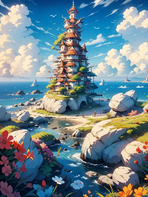 a fantasy-inspired painting of a coastal village in kawacy style, rendered in cinema4d, bulbous, precise nautical details, creat...