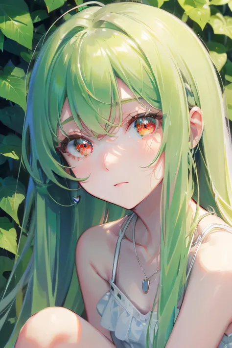 absurdres, uhd, 5k, masterpiece, (((HDR))), ((best quality)), (ultra high quality), (hi-res), (((portrait))), close up, ((1girl)) (((detailed red eyes and white skin))), ((teen)), (((lime green hair))), (bangs left-part), (left part bangs), swept bangs, ((...