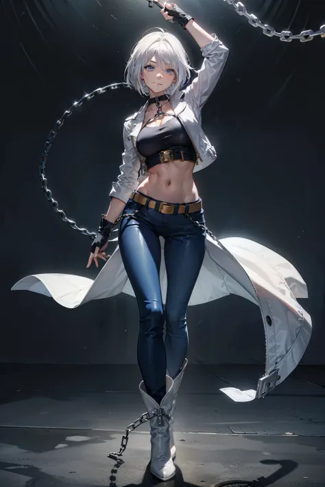 (masterpiece), best quality, silver eyes, perfect face, highres, 1girl, solo, angelms, white hair, white jacket, jeans, fingerless gloves, atacking pose, dancing around chains, evil smile, long boots, fanstasy background, cowboy shot, fullbody shot, lookin...