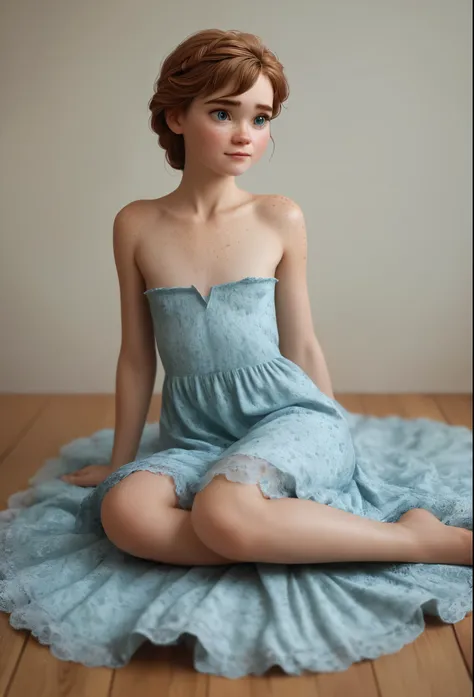 score_9, score_8_up, score_7_up, score_6_up, score_5_up, score_4_up, rating_explicit, Anna, frozen, sitting on the floor, very loose dress, flat chest, flat breasts, freckles, freckled chest, freckled shoulders, puffy nipples,. exposed nipples 