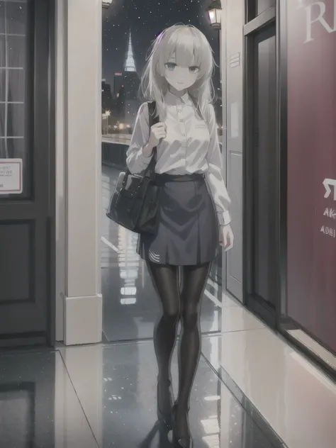1girl, solo, female, ak-74m, white shirt, standing, full body shots, blue skirt, outdoor, night, 4k, bokeh, pantyhose, carying a bag, mature woman, a date, one bag, high heels 