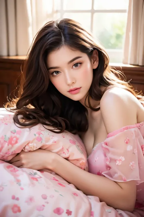 Extremely stunning beautiful girl sleeping,beautiful detailed eyes,beautiful detailed lips,extremely detailed face and skin,long eyelashes,detailed hair,pink silk nightgown,pink bedroom interior,luxury pink bedroom,pink floral bedsheets,pink silk curtains,...