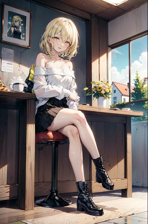 (アイスWallenstein, Wallenstein, blonde, Hair between the eyes, hair band, happy smile, smile, Open your mouth,Blonde,Long Hair, (Yellow Eyes:1.5),One-shoulder sweater,Long skirt,short boots,Sitting in a chair,There is food on the table,Daytime,Clear skies,wh...