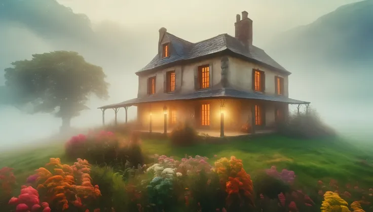 The farmhouse enveloped in thick fog, creating a mysterious and haunting atmosphere. Style of Claude Monet. Hyper Realistic photo, vibrant colors, 16k