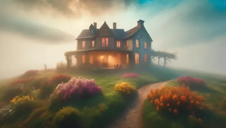 The farmhouse enveloped in thick fog, creating a mysterious and haunting atmosphere. Style of Claude Monet. Hyper Realistic photo, vibrant colors, 16k