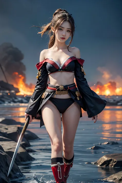 (RAW shooting, Photoreal:1.5, 8K, highest quality, masterpiece, ultra high resolution), Sengoku, Fire, Wars flaring up everywhere:1.3, perfect dynamic composition:1.2, Highly detailed skin and facial textures:1.2, Slim female samurai with a sharp Japanese ...