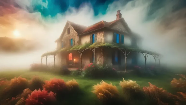 The farmhouse enveloped in thick fog, creating a mysterious and haunting atmosphere. Style of Claude Monet. Hyper Realistic photo, vibrant colors, 16k