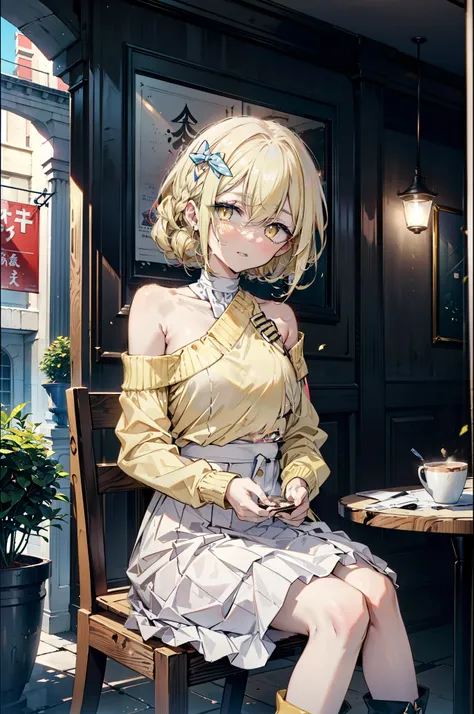 (アイスWallenstein, Wallenstein, blonde, Hair between the eyes, hair band, happy smile, smile, Open your mouth,Blonde,Long Hair, (Yellow Eyes:1.5),One-shoulder sweater,Long skirt,short boots,Sitting in a chair,There is food on the table,Daytime,Clear skies,wh...