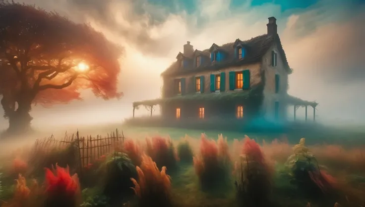 The farmhouse enveloped in thick fog, creating a mysterious and haunting atmosphere. Style of Claude Monet. Hyper Realistic photo, vibrant colors, 16k