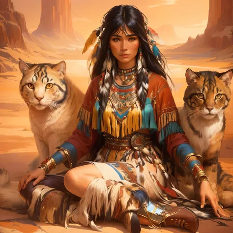 painting of a woman sitting on the floor with two cats, : native american shamen fantasy, native american, warrior woman, native american art, Karol behind uhd, a beautiful warrior woman, Pocahontas, beautiful avatar photos, magali villeneuve&#39;, artista...