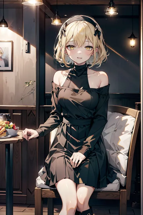 (アイスWallenstein, Wallenstein, blonde, Hair between the eyes, hair band, happy smile, smile, Open your mouth,Blonde,Long Hair, (Yellow Eyes:1.5),One-shoulder sweater,Long skirt,short boots,Sitting in a chair,There is food on the table,Daytime,Clear skies,wh...