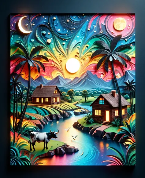 Paper cut art (((masterpiece))),best quality, illustration, African map, within African map we see a night sky, cloud, banana plantation, star (symbol), cows, no humans, night, birds, moon, building, star (sky), night sky, scenery, starry sky, grass, house...