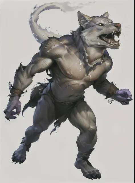 I want a character with white background, png,Full body image, a wild beast, creature turning into a wolf, tearing off my shirt, looking up and screaming
