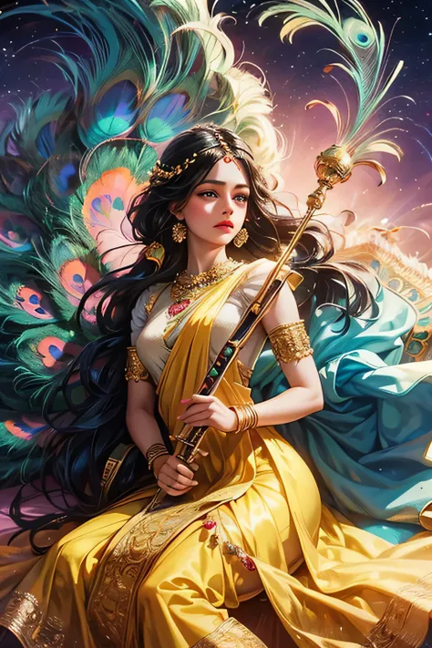 Lord Krishna, animated style, closeup shot, anime in a yellow indian dress, long black hair tied with peacock feathers, innocent expression, bright big blue eyes, holding a flute, natural beauty, vibrant colors, dreamy, northern light, pink bubble, romanti...