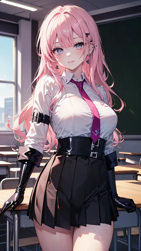 ((masterpiece、Highest quality、Very detailed))、One Girl、Pink Hair、Long Hair、Wavy Hair、Grey Eyes、evil smile、Pink Lips、((lots of piercings))、Large Breasts、((White shirt))、((black pvc suit))、((black pvc long gloves))、((Black pleated skirt))、Cowboy Shot、Classro...