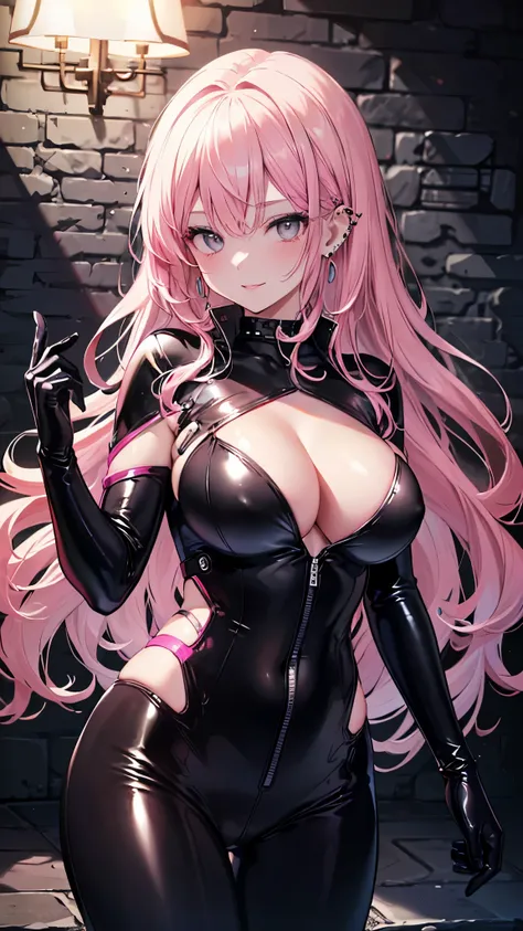 ((masterpiece、Highest quality、Very detailed))、One Girl、Pink Hair、Long Hair、Wavy Hair、Grey Eyes、evil smile、Pink Lips、((lots of piercings))、Large Breasts、((black pvc suit))、((black pvc long gloves))、Cowboy Shot、Dimly lit room、Brick wall