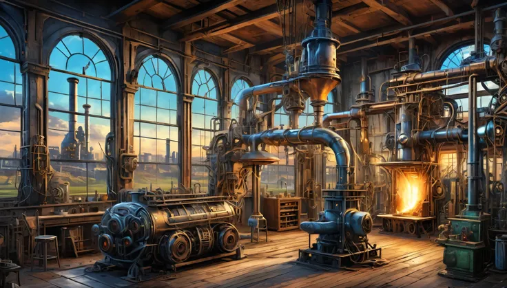 The farmhouse reimagined as an industrial revolution-era factory with smokestacks, machinery, and a bustling atmosphere. Style of H R Giger. Hyper realistic photo, vibrant colors, 16k