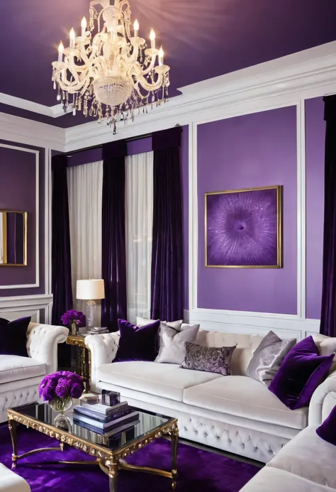 A luxuriously appointed living room, awash in shades of purple, exudes an air of opulence and sophistication. The plush white sofa, adorned with rich velvet cushions, invites relaxation, while the shimmering crystal chandelier casts an ethereal glow upon t...