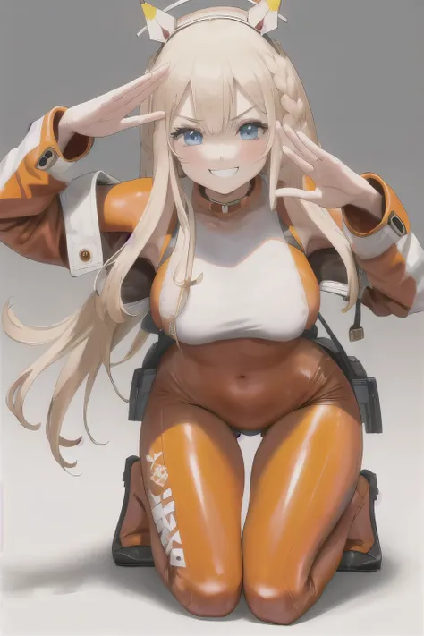 masterpiece, best quality, 1girl, solo, tove, headgear, braid, orange bodysuit, jacket, grin, looking at viewer, blush, long sleeves, full body, hood, salute, squatting,