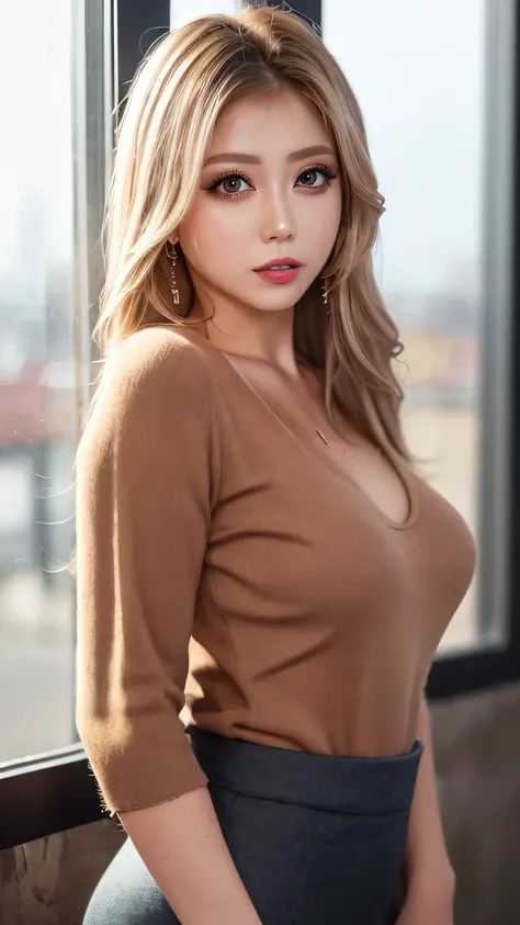 (8K、Raw photo、Highest quality、masterpiece:1.2)、(Realistic、Photorealistic:1.37)、Ultra-detailed、Ultra-high resolution、Beautiful and well-proportioned face,Asian,Gal,model, Dark blonde long, “blouse” skirt lip gloss（Wet lips）,Big Breasts,,Sunburned skin,Beaut...