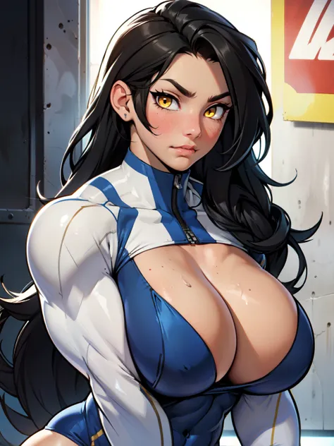 ((girl muscular thick)) pale skin black hair ultra detailed eyes huge large breasts toned body embarrassed blush very long hair skintight suit yellow eyes hair flaps cleavage