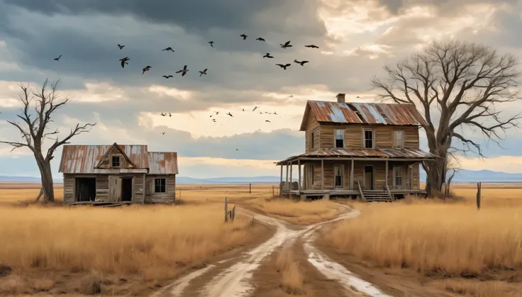 A desolate, rustic farmhouse in an expansive, barren field. The house has an old, weathered appearance with corrugated metal roofing and wooden siding, showcasing signs of decay. The landscape features dry, yellowed grass and leafless trees under an overca...