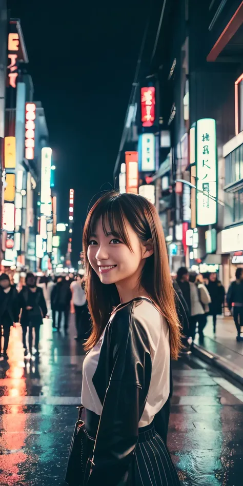 One girl, Tokyo Street,night, Cityscape,City lights,Upper Body,close,smile,, (8K, RAW Photos, Highest quality, masterpiece:1.2),(Realistic, photo-Realistic:1.37),