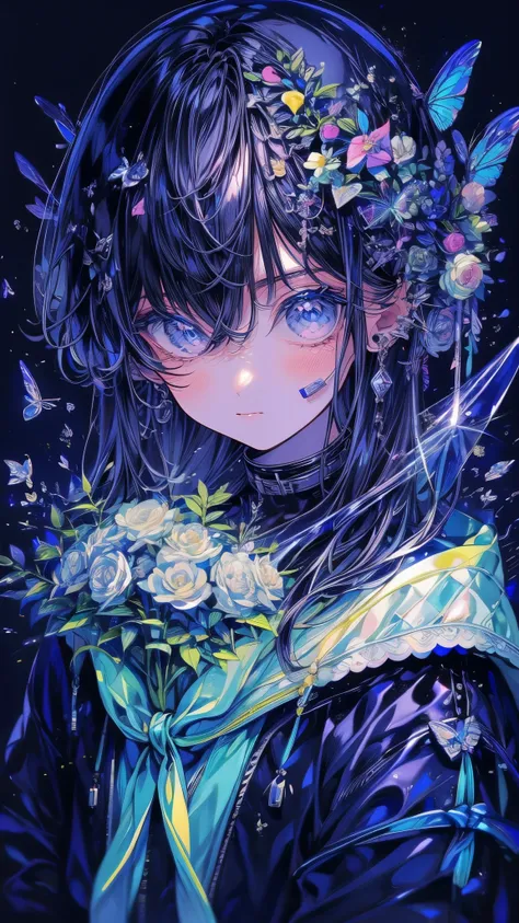 (Piece Fly), (best quality), Very detailed,Focus only，Perfect face, Pretty Face, Very detailed顔，(Black hair:1.3)，(blue eyes:1.3)，flower，星Light，flowerびら，Light，laughter