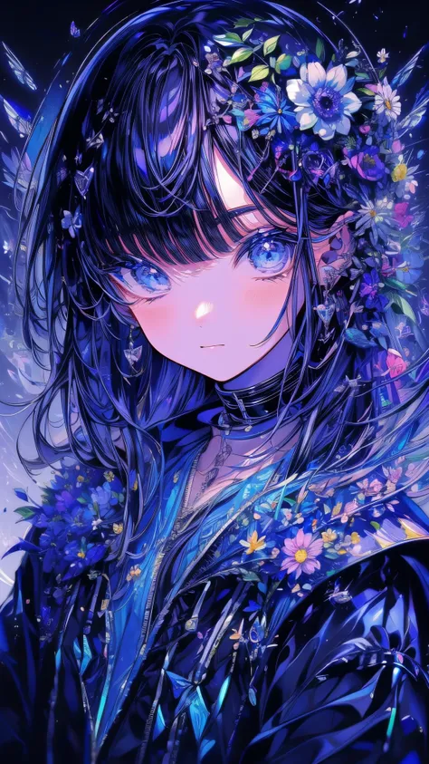 (Piece Fly), (best quality), Very detailed,Focus only，Perfect face, Pretty Face, Very detailed顔，(Black hair:1.3)，(blue eyes:1.3)，flower，星Light，flowerびら，Light，laughter