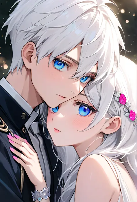 Couple 1 girl and 1 boy, white hair with pink tips, blue eyes, ultra-detailed, beautiful face,