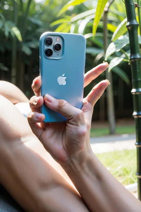 Real close-up product photos，Elegant beautiful female hands，Holding an iPhone 15 case，Elegant and professional action，Super Clarity for Pores and Lines，Delicate manicure；Morning light blue sky，Bamboo，Natural light，Close-ups，Super Detail，high quality，HD，Pro...