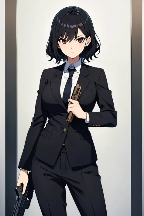 female character, black hair, a little wavy and long, wear a suit with a black jacket and tie, be tall, large breasts and carry ...