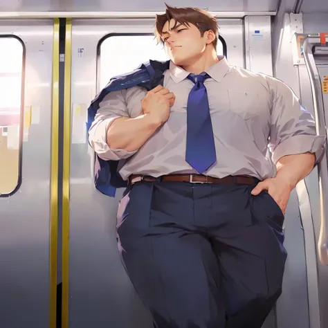 there is a man in a tie standing on a subway, (sfw) safe for work, tall anime guy with blue eyes, zerochan art, zerochan, at pixiv, anime moe artstyle, makoto shinkai style, made with anime painter studio, smooth anime cg art, by Shingei, thicc, handsome a...